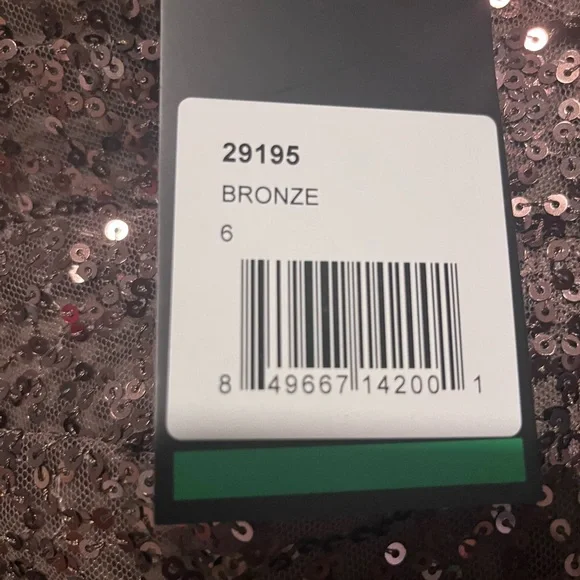 Size 6 La Femme bronze sparkle gown with flattering rouching at the waist. - Picture 4 of 5